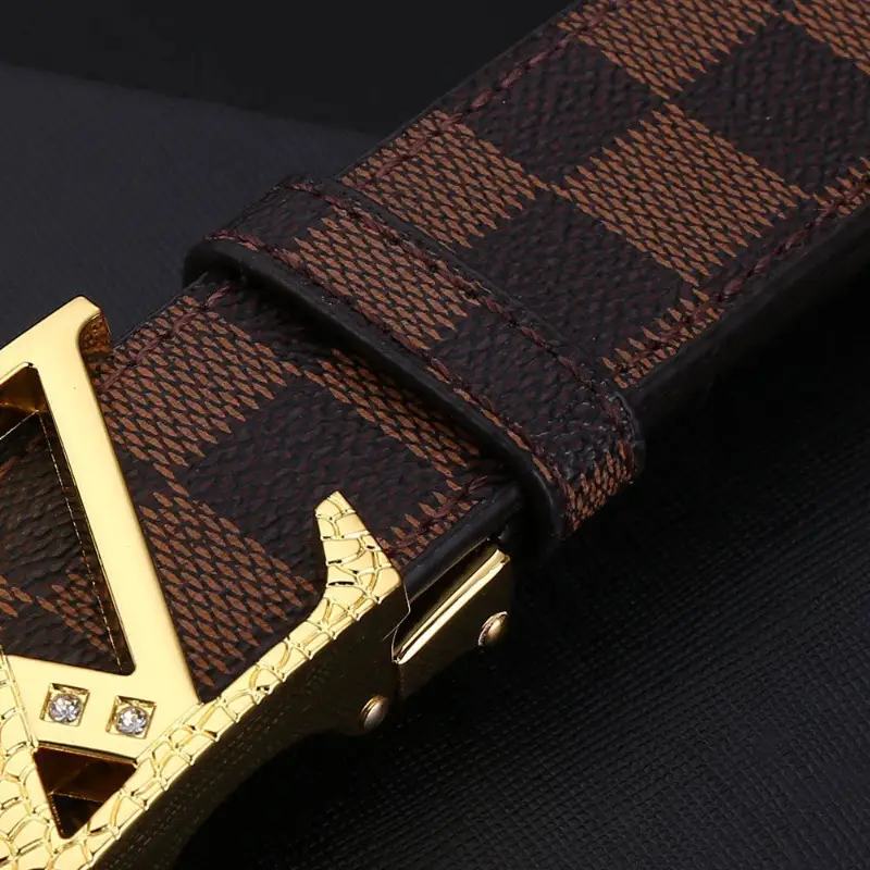 Men's Brown Checkered Belt with Diamond Detail - Image 5