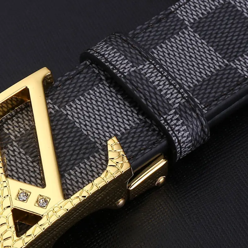 Men's Brown Checkered Belt with Diamond Detail - Image 8