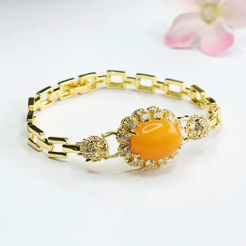 Guan Yu Natural Amber Bracelet Full Diamond Leopard Head Gold - Image 3