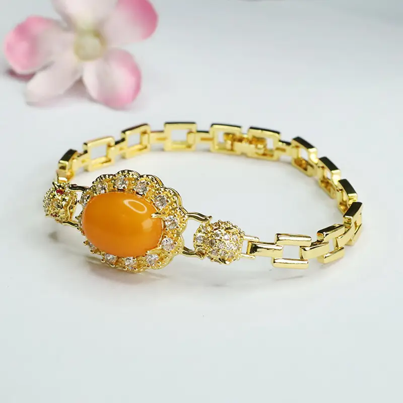 Guan Yu Natural Amber Bracelet Full Diamond Leopard Head Gold - Image 4