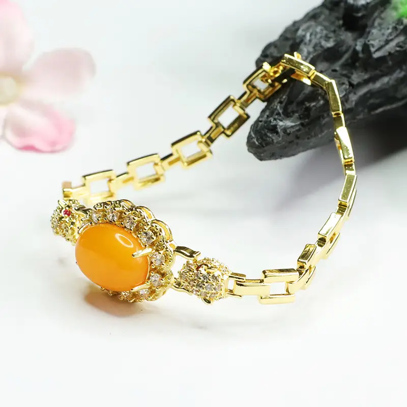 Guan Yu Natural Amber Bracelet Full Diamond Leopard Head Gold - Image 5