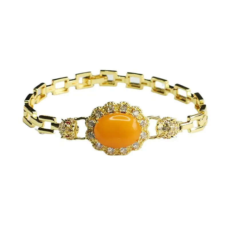Guan Yu Natural Amber Bracelet Full Diamond Leopard Head Gold - Image 6