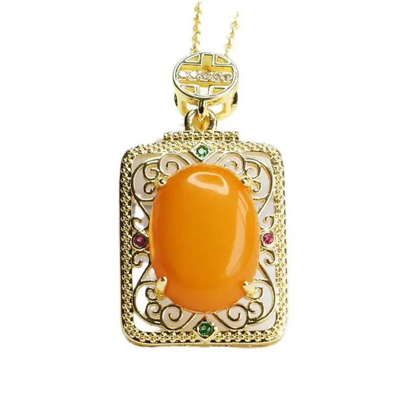 Natural Amber Pendant Necklace Gold Plated - Image 6