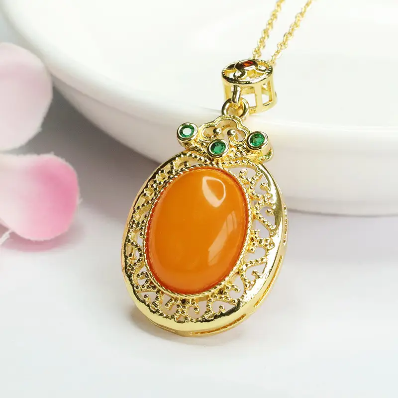 Natural Amber Pendant Necklace for Women Gold Plated - Image 3