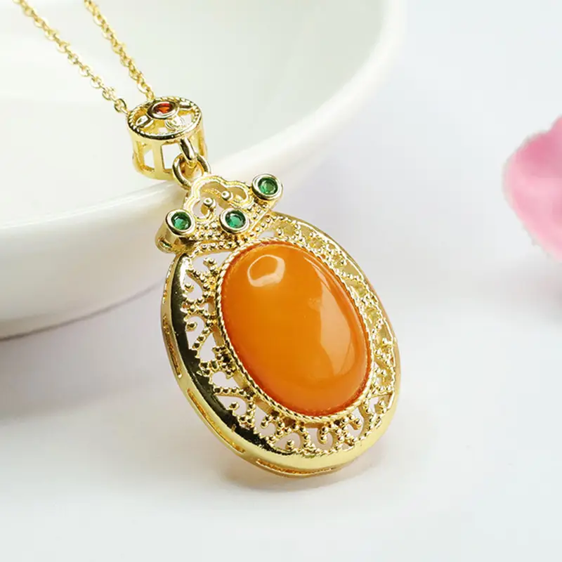 Natural Amber Pendant Necklace for Women Gold Plated - Image 4