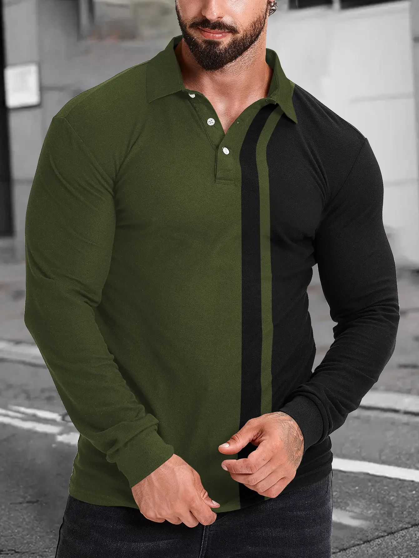 Men Long Sleeve Polo Shirt Blue Black Striped 2024 - Image 8