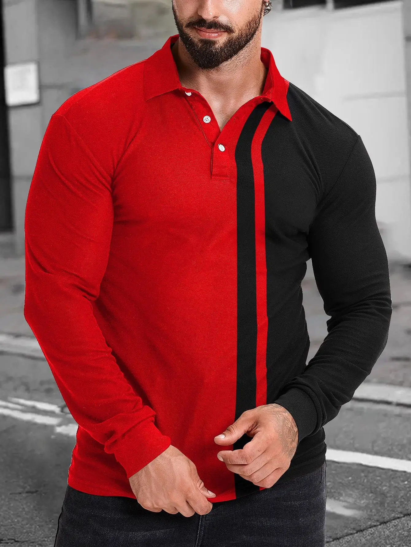 Men Long Sleeve Polo Shirt Blue Black Striped 2024 - Image 9