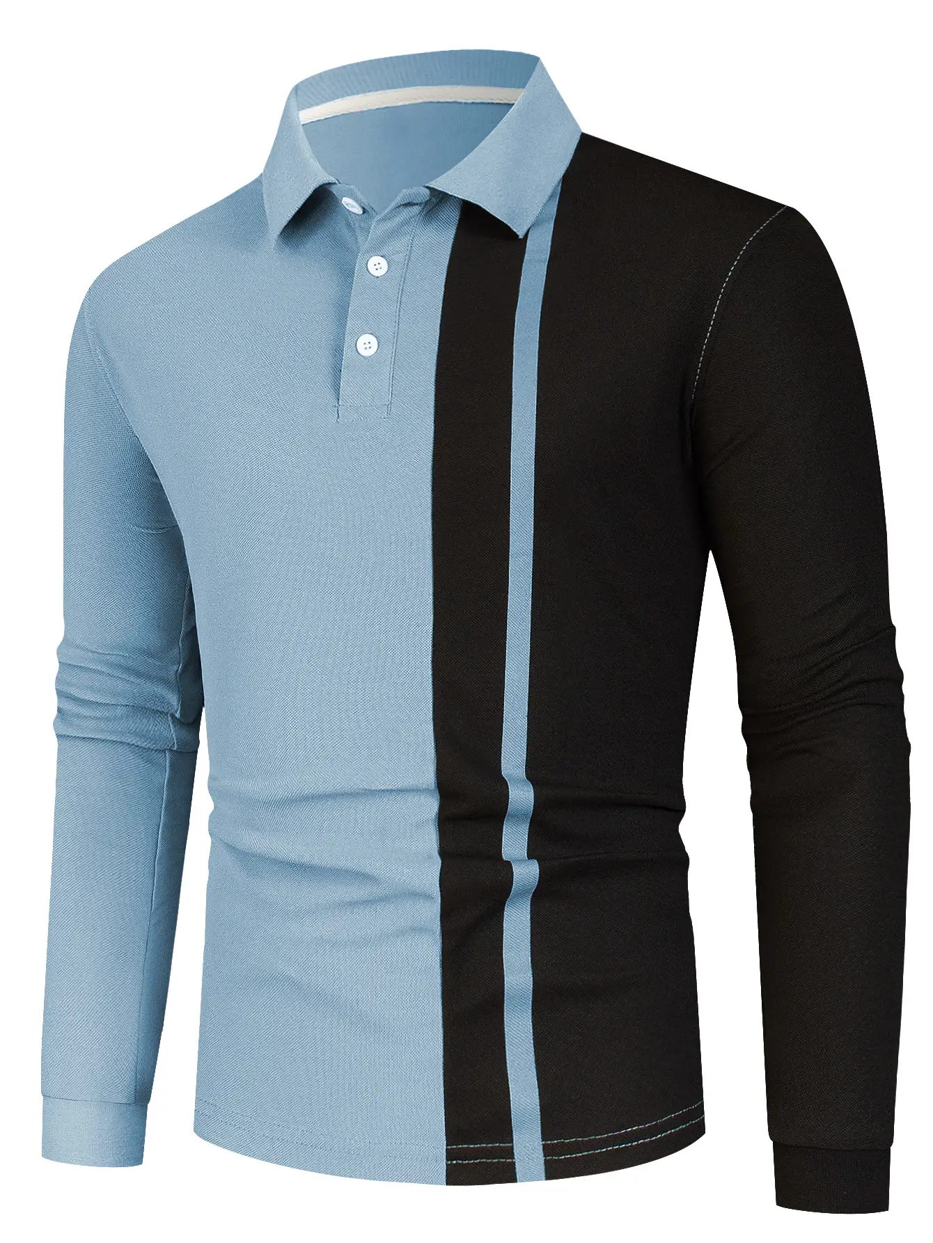 Men Long Sleeve Polo Shirt Blue Black Striped 2024 - Image 10