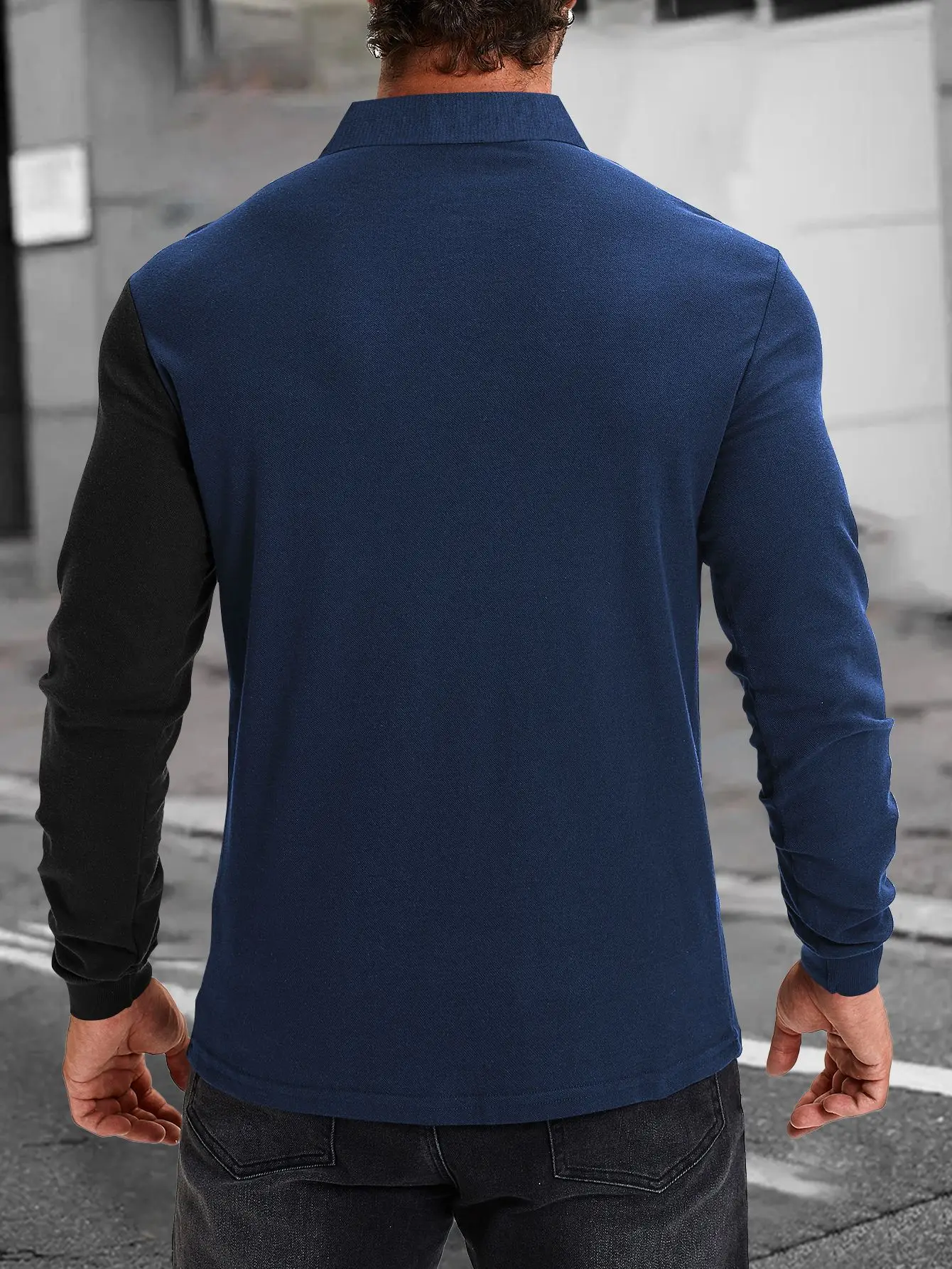 Men Long Sleeve Polo Shirt Blue Black Striped 2024 — feature 3