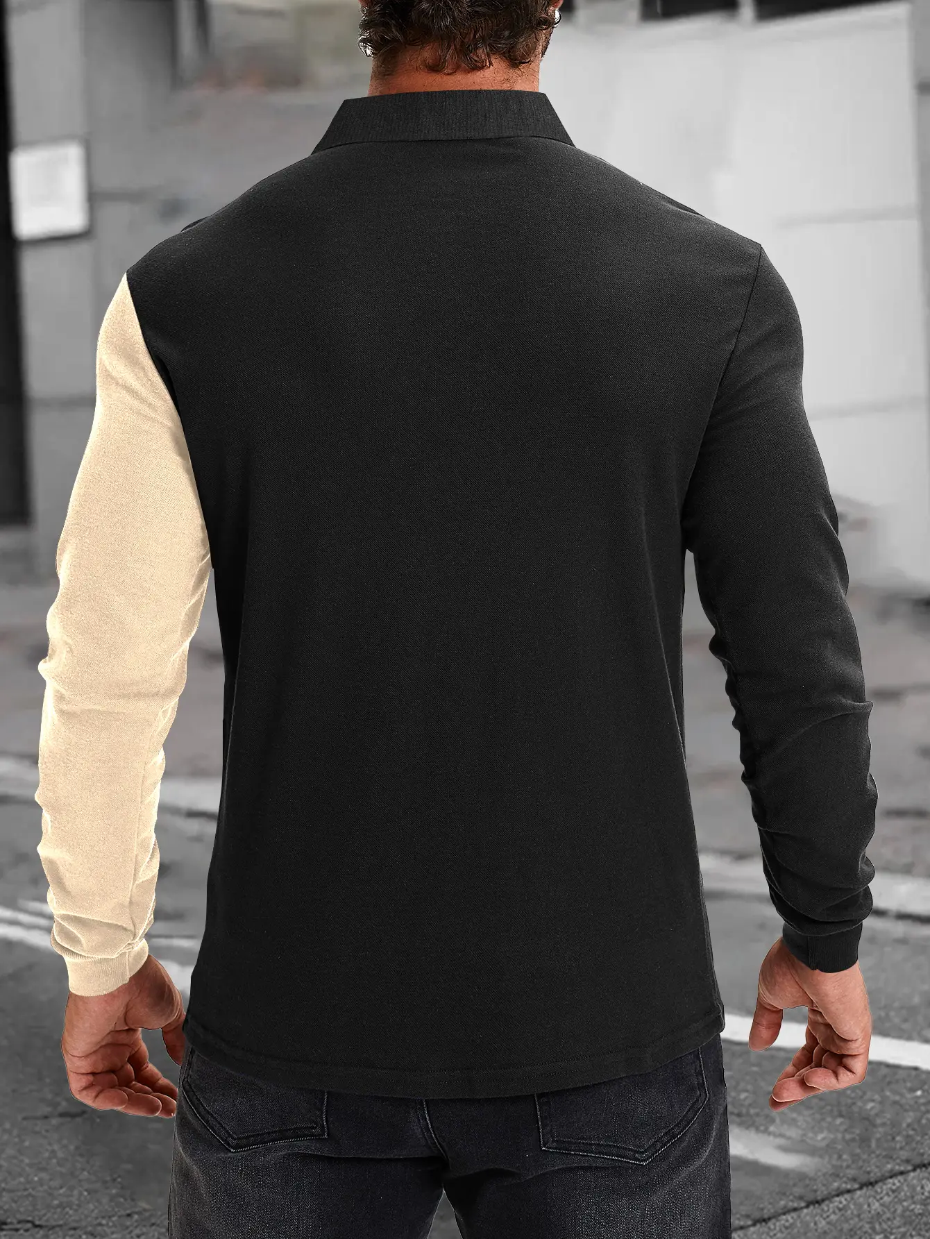 Men Long Sleeve Polo Shirt Blue Black Striped 2024 — feature 8