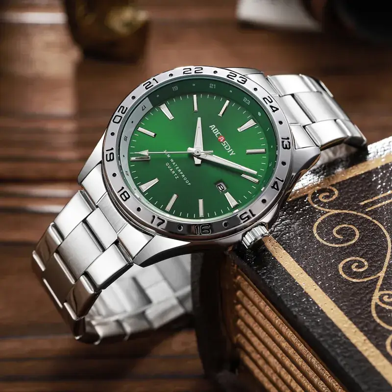 Men's Green Dial Quartz Watch with Stainless Steel Band - Image 9
