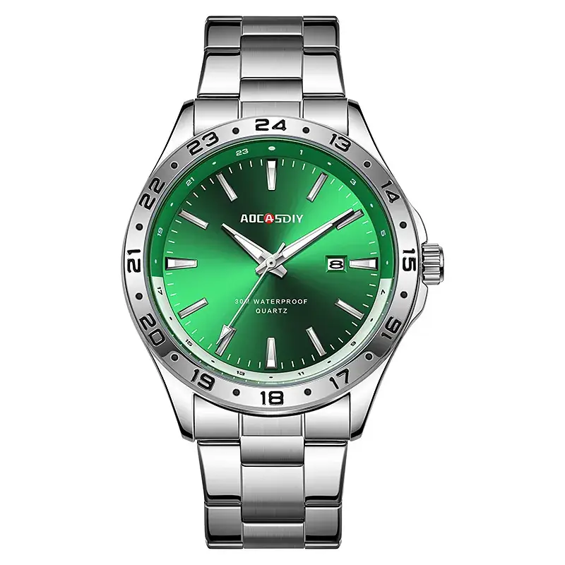 Men's Green Dial Quartz Watch with Stainless Steel Band - Image 3