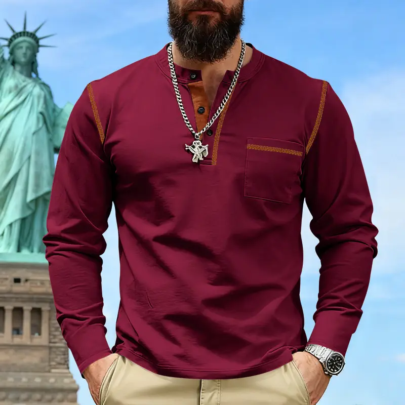 Maroon Long Sleeve Men's T-Shirt with Silver Chain - Image 10