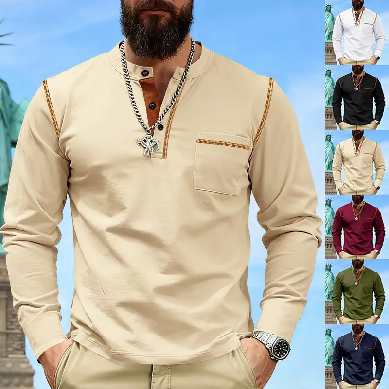 Maroon Long Sleeve Men's T-Shirt with Silver Chain — feature 2