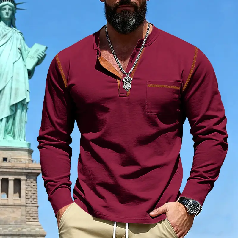 Maroon Long Sleeve Men's T-Shirt with Silver Chain — feature 48