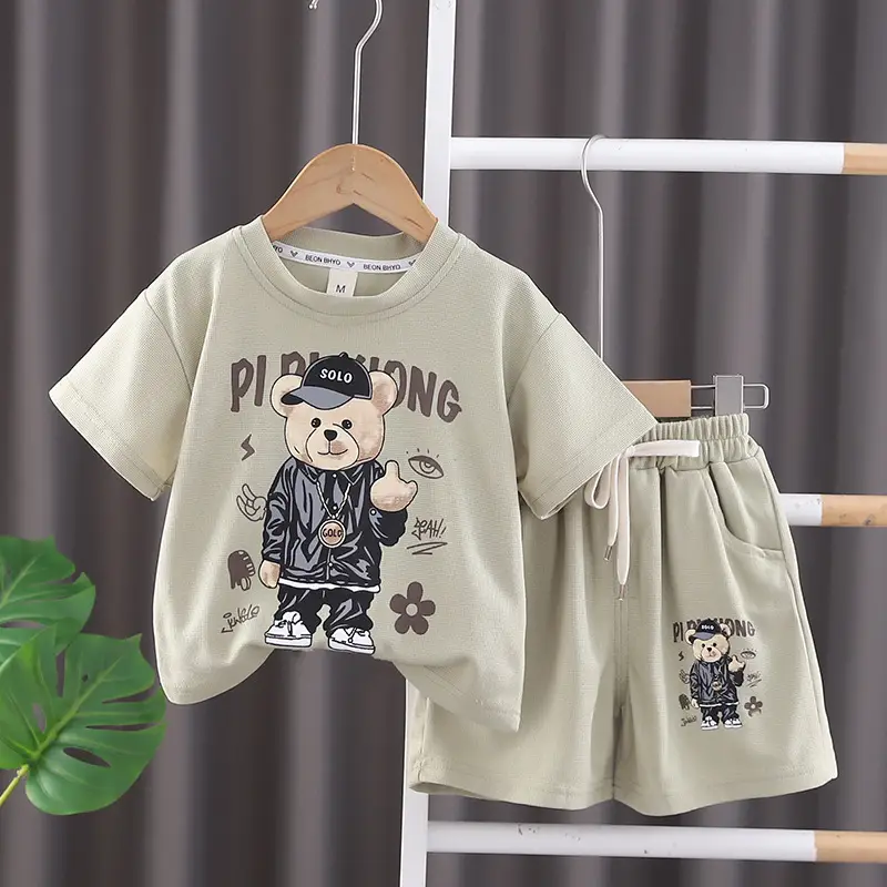Boys Cartoon T-Shirt Shorts Set White Green Round Neck Summer