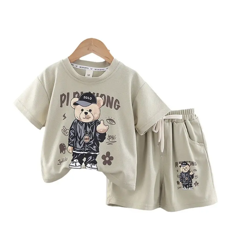 Boys Cartoon T-Shirt Shorts Set White Green Round Neck Summer