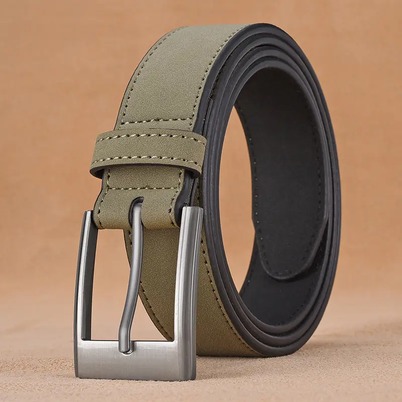 Men's Green Leather Belt with Silver Buckle - Image 2