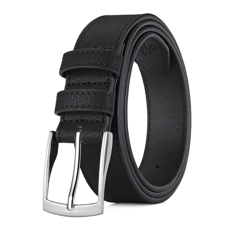 Men's Black Leather Belt with Silver Buckle