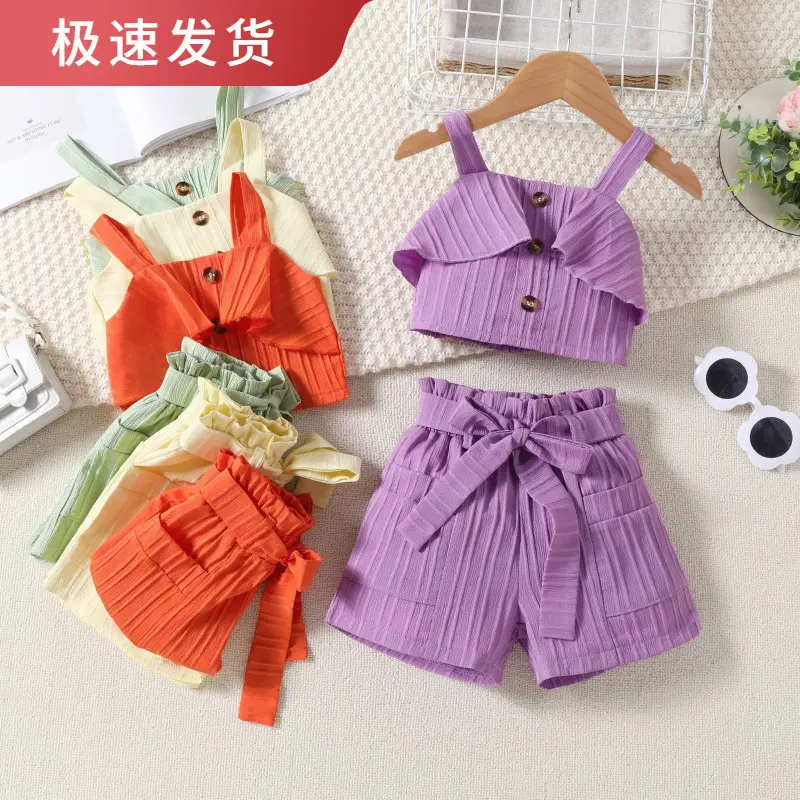 Girls Summer Pleated Shorts Set with Belt