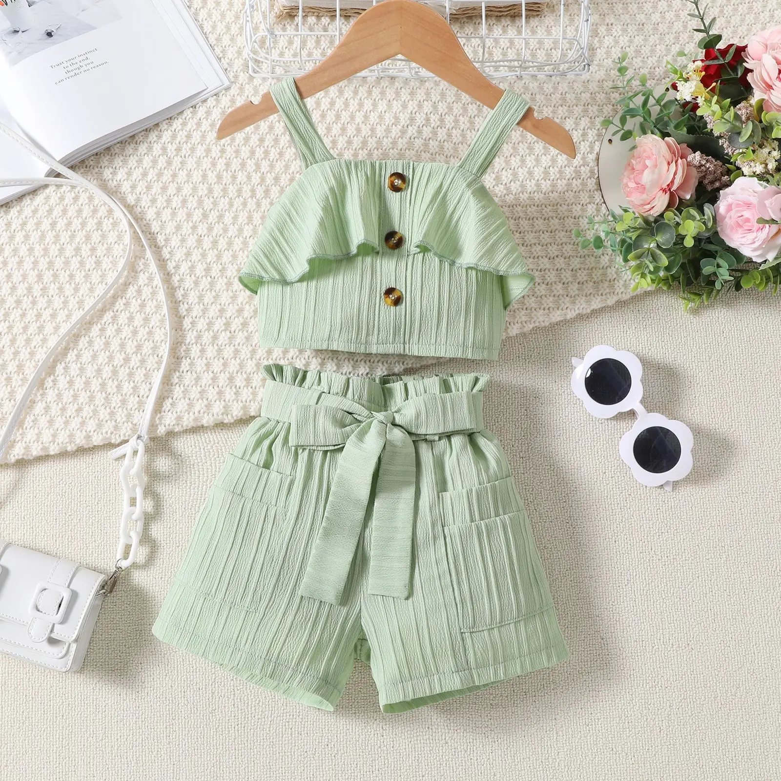 Girls Summer Pleated Shorts Set with Belt