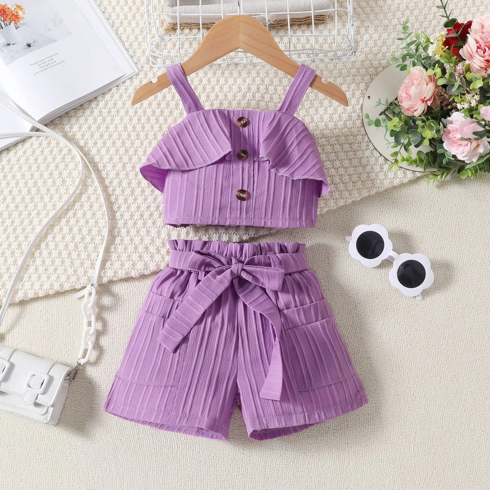 Girls Summer Pleated Shorts Set with Belt