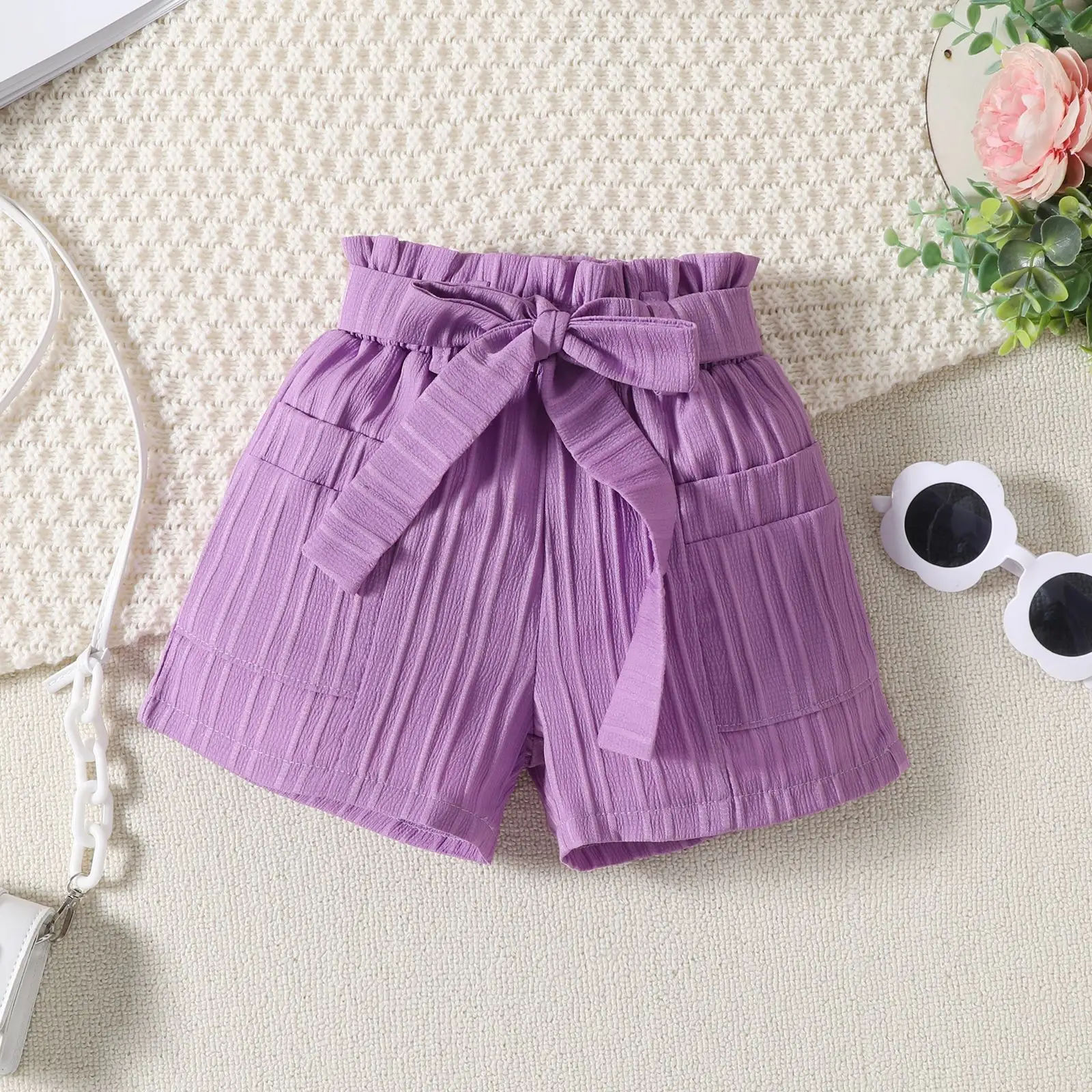 Girls Summer Pleated Shorts Set with Belt — feature 13