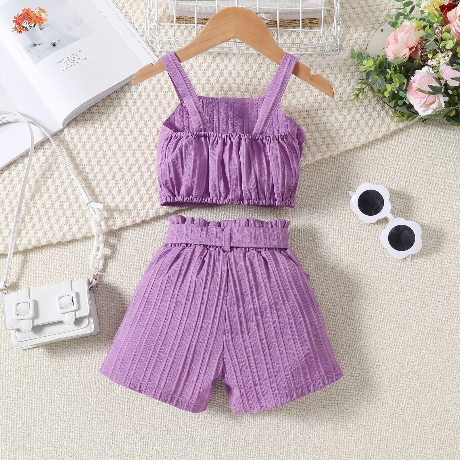 Girls Summer Pleated Shorts Set with Belt — feature 14