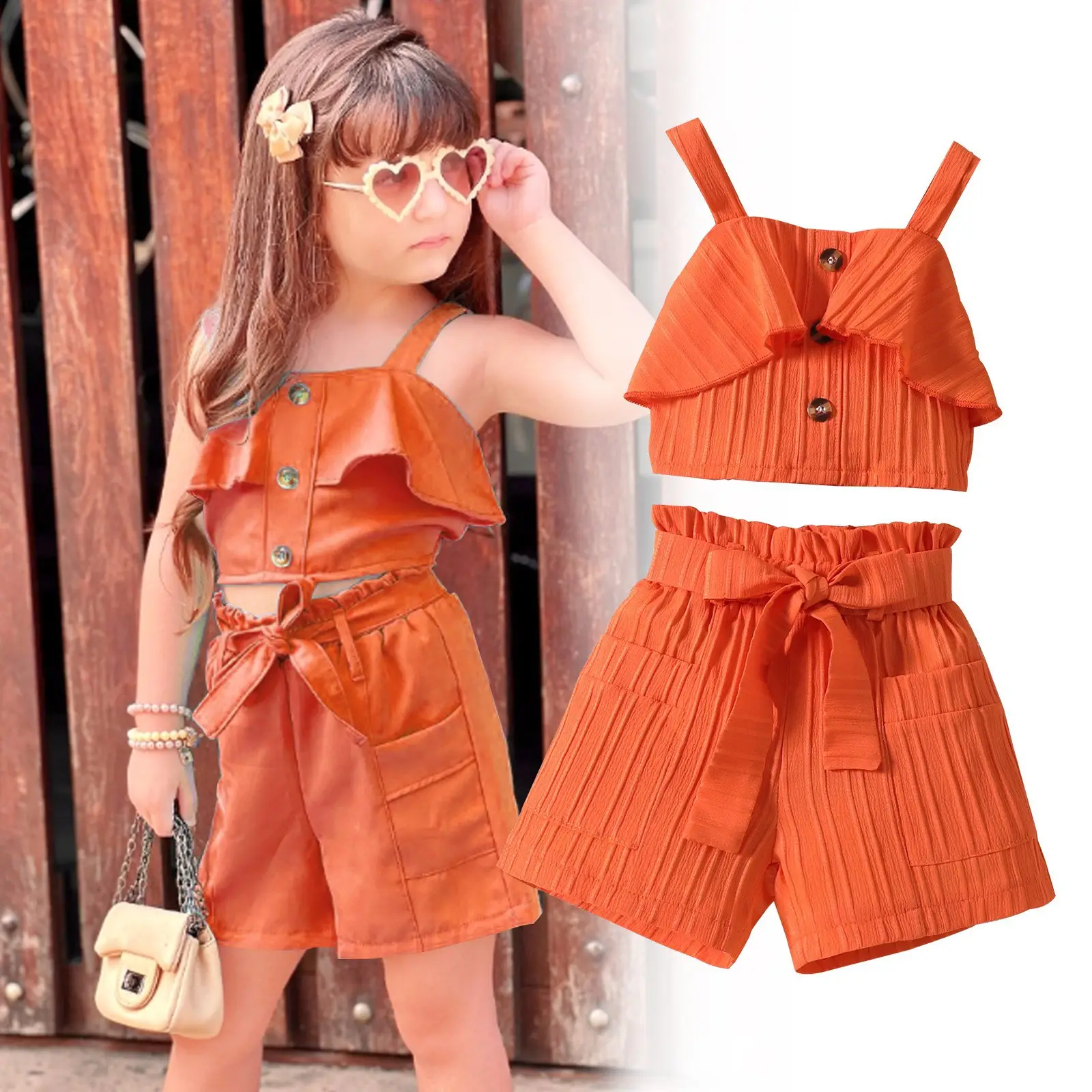 Girls Summer Pleated Shorts Set with Belt — feature 2