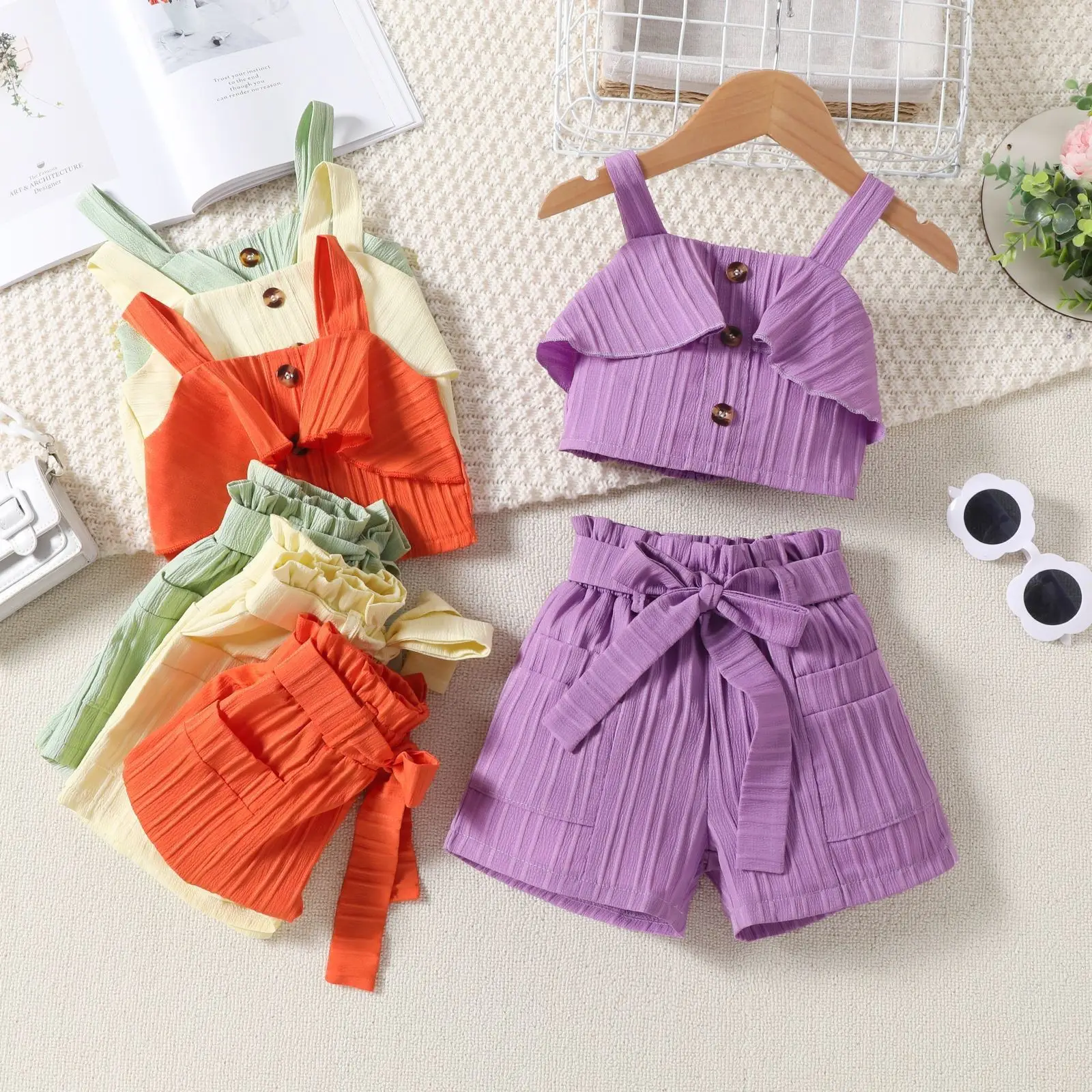 Girls Summer Pleated Shorts Set with Belt — feature 3