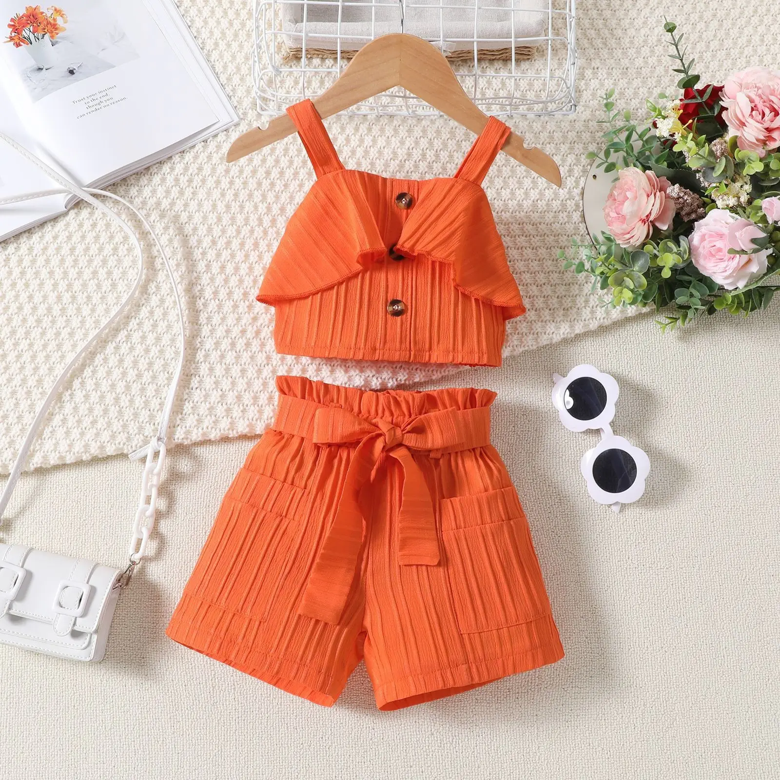 Girls Summer Pleated Shorts Set with Belt
