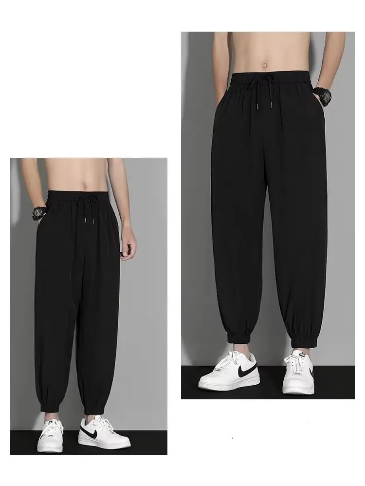 Men Ice Silk Ankle Pants Grey Loose Summer — feature 6