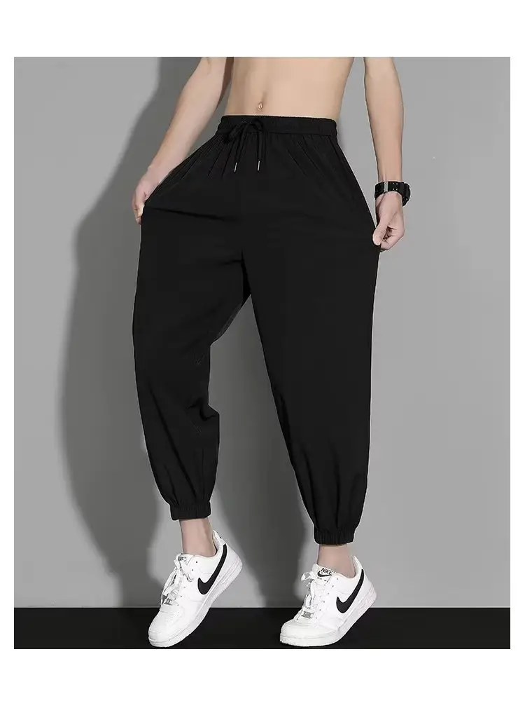Men Ice Silk Ankle Pants Grey Loose Summer — feature 7