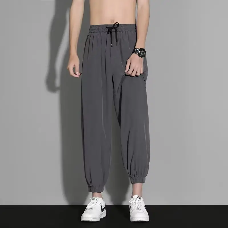 Men Ice Silk Ankle Pants Grey Loose Summer - Image 2