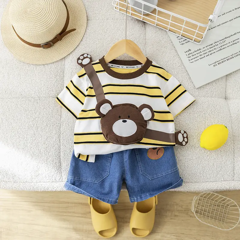 Girls Cotton Striped Shorts Set with Bear Design 1-5Y - Image 5