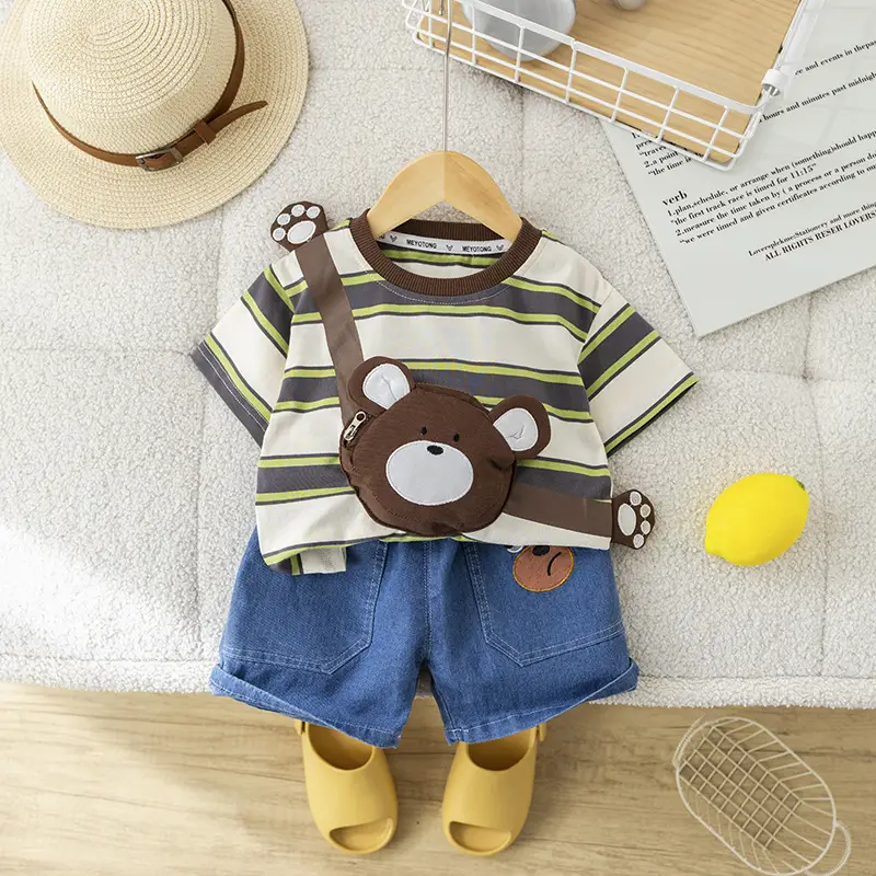 Girls Cotton Striped Shorts Set with Bear Design 1-5Y - Image 7