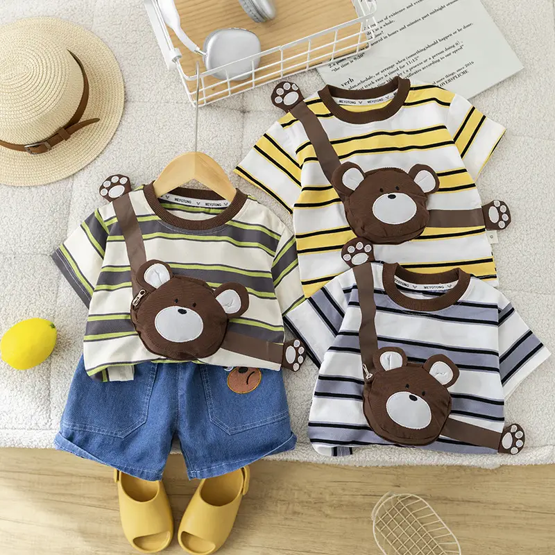 Girls Cotton Striped Shorts Set with Bear Design 1-5Y — feature 2