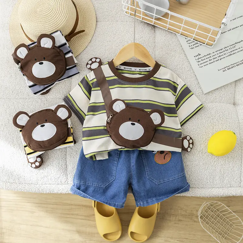 Girls Cotton Striped Shorts Set with Bear Design 1-5Y — feature 3