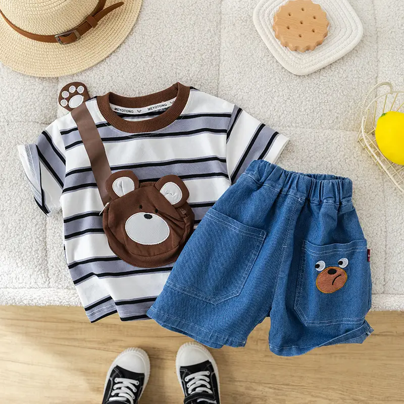 Girls Cotton Striped Shorts Set with Bear Design 1-5Y — feature 7