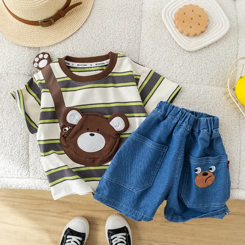 Girls Cotton Striped Shorts Set with Bear Design 1-5Y — feature 9