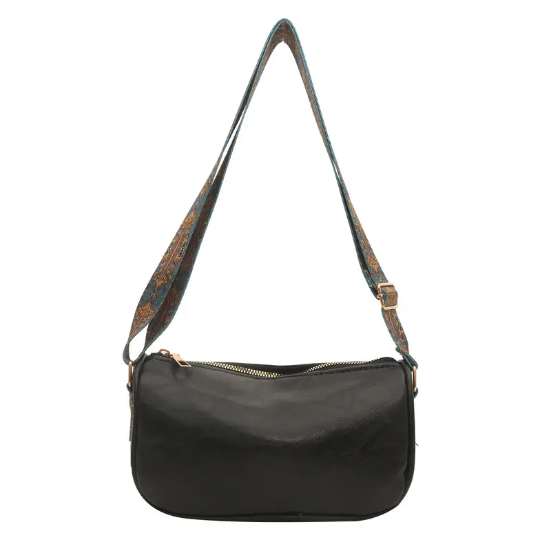 Green Leather Crossbody Bag with Patterned Strap