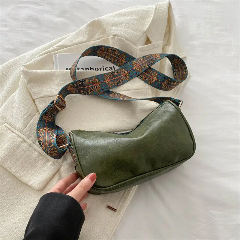 Green Leather Crossbody Bag with Patterned Strap