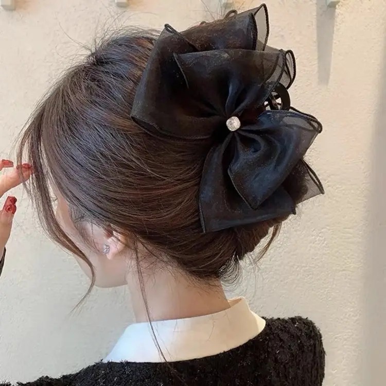 Black Mesh Large Bowknot Hairpin for Women - Image 5