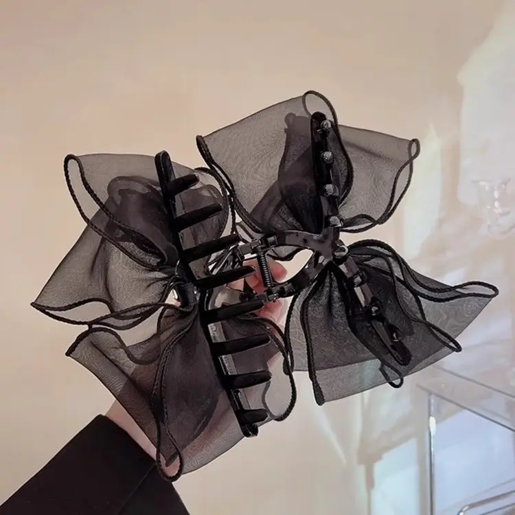 Black Mesh Large Bowknot Hairpin for Women - Image 6
