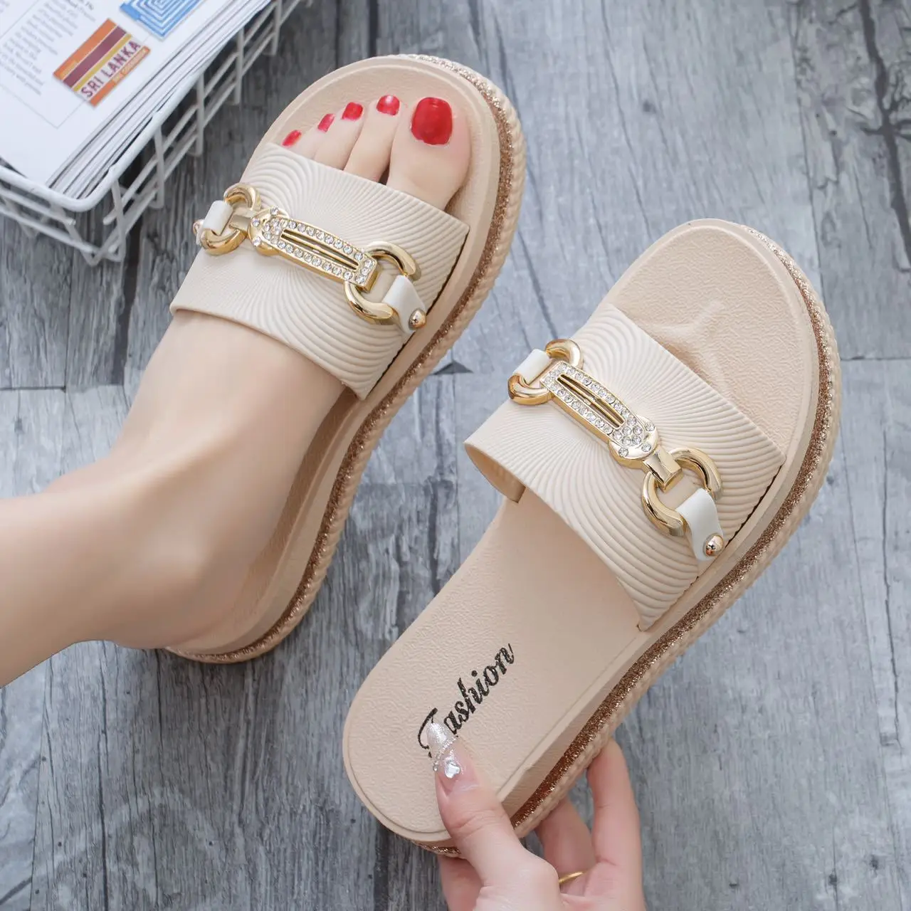 Women's Beige Gold Chain Platform Sandals Summer - Image 7