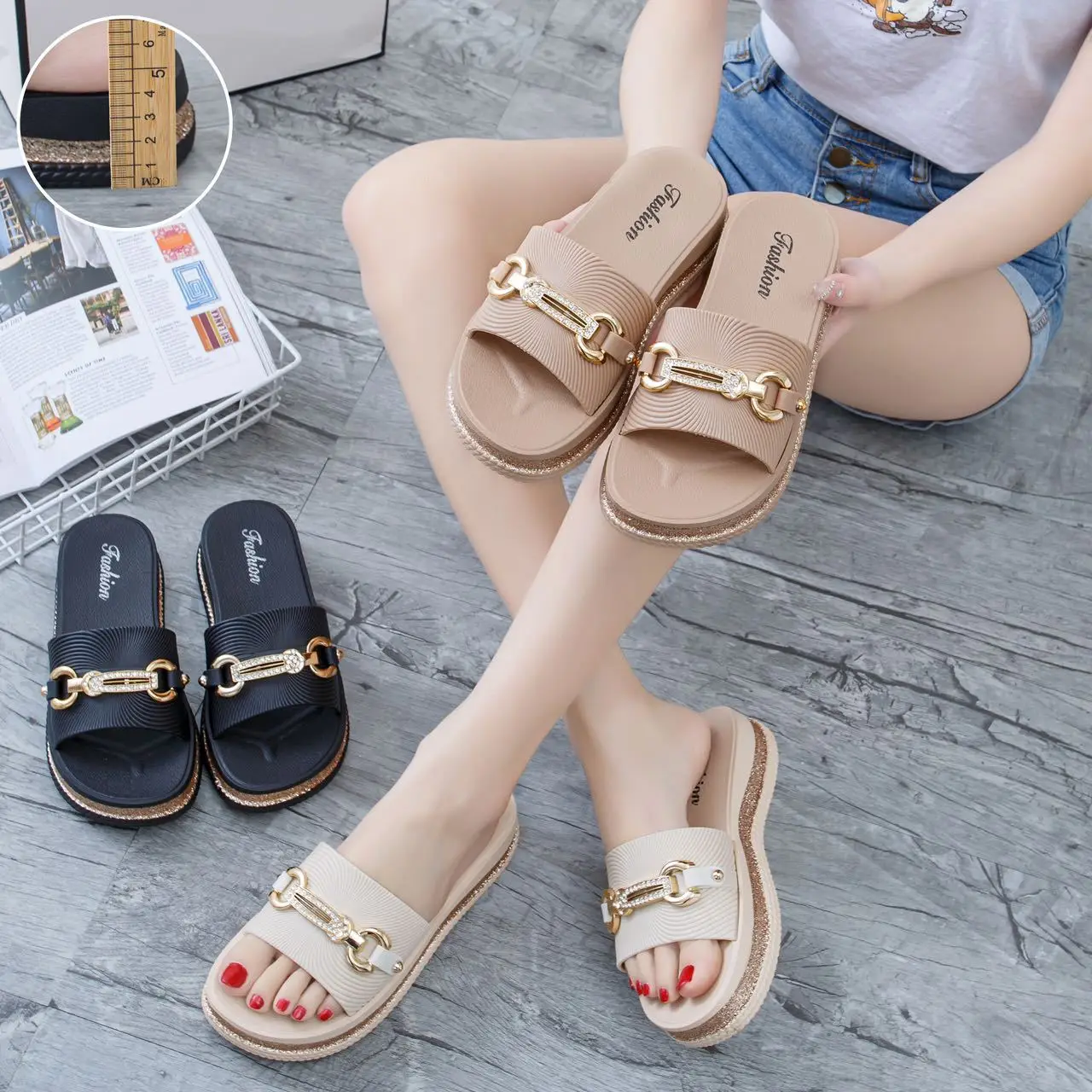 Women's Beige Gold Chain Platform Sandals Summer — feature 1