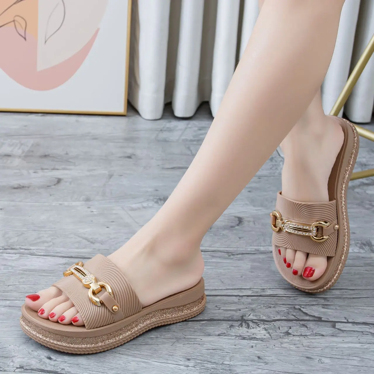 Women's Beige Gold Chain Platform Sandals Summer — feature 5