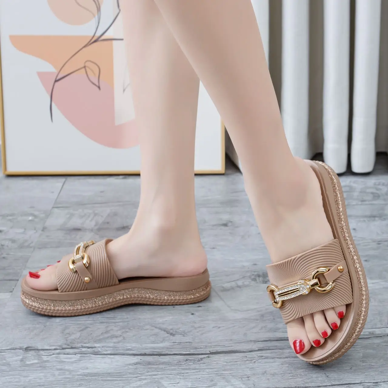 Women's Beige Gold Chain Platform Sandals Summer — feature 6