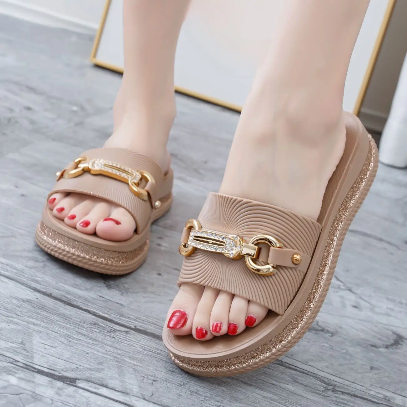 Women's Beige Gold Chain Platform Sandals Summer - Image 2