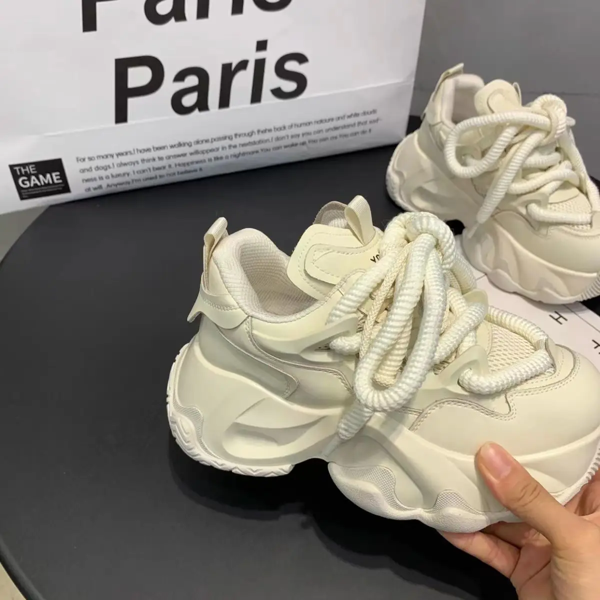Women's Cream Thick Heel Sneakers 2024 Spring Lightweight Breathable - Image 6